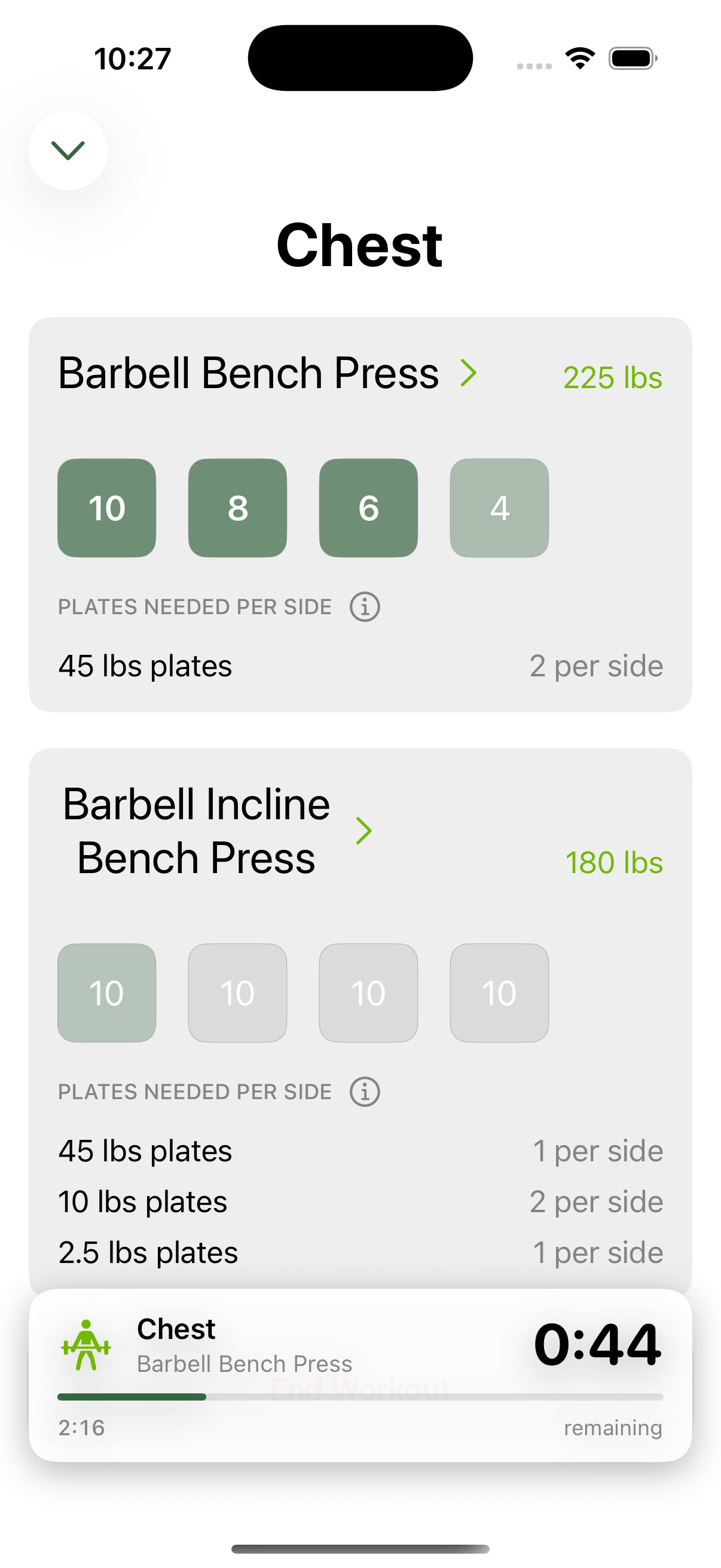 Live pyramid workout showing individual set rep targets and plate calculator