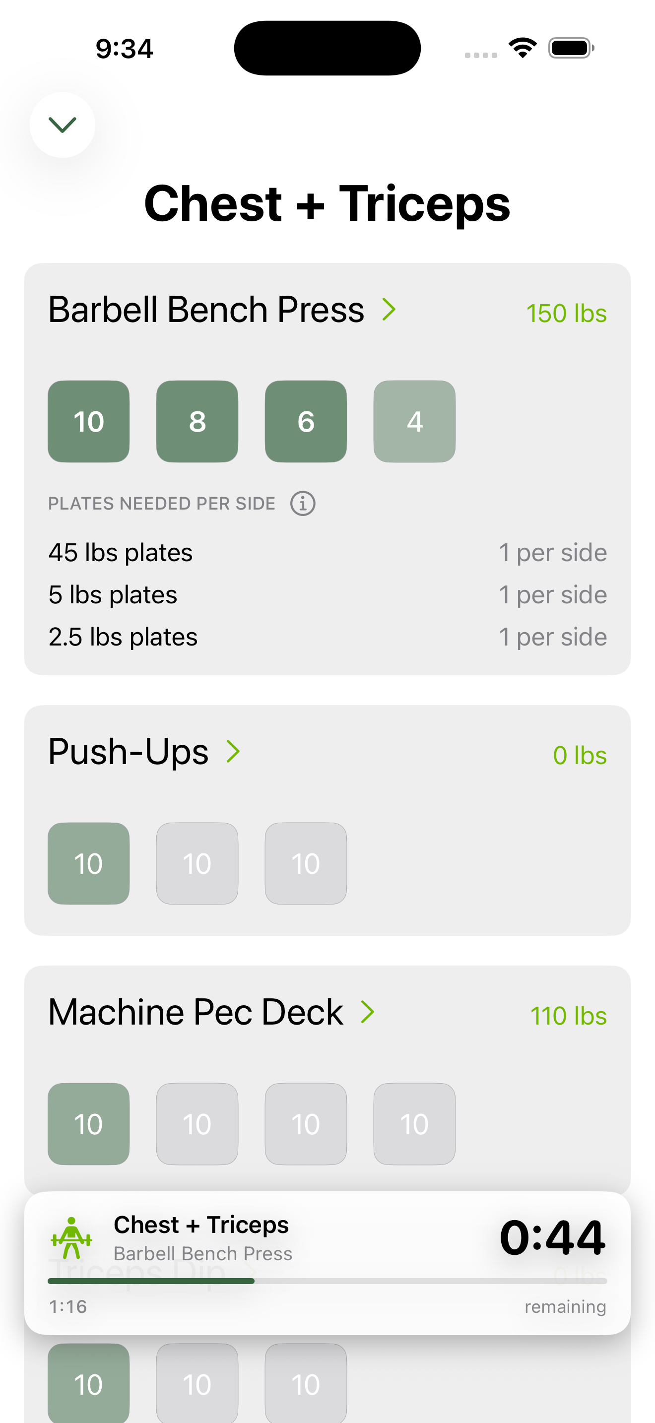 Active workout tracking screen showing sets, weights, and plate calculations