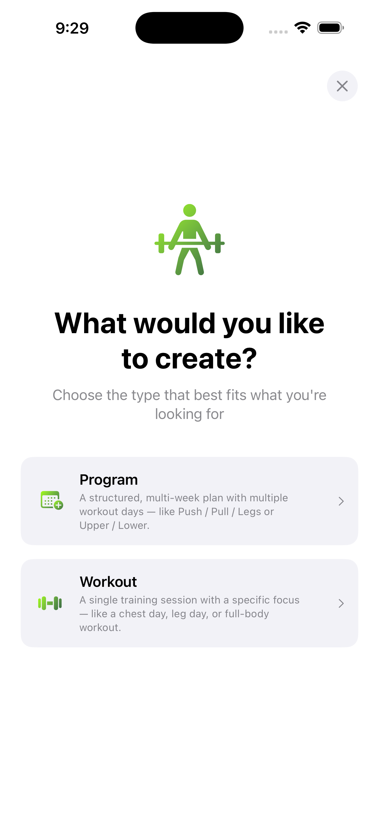 AI program and workout generation screen