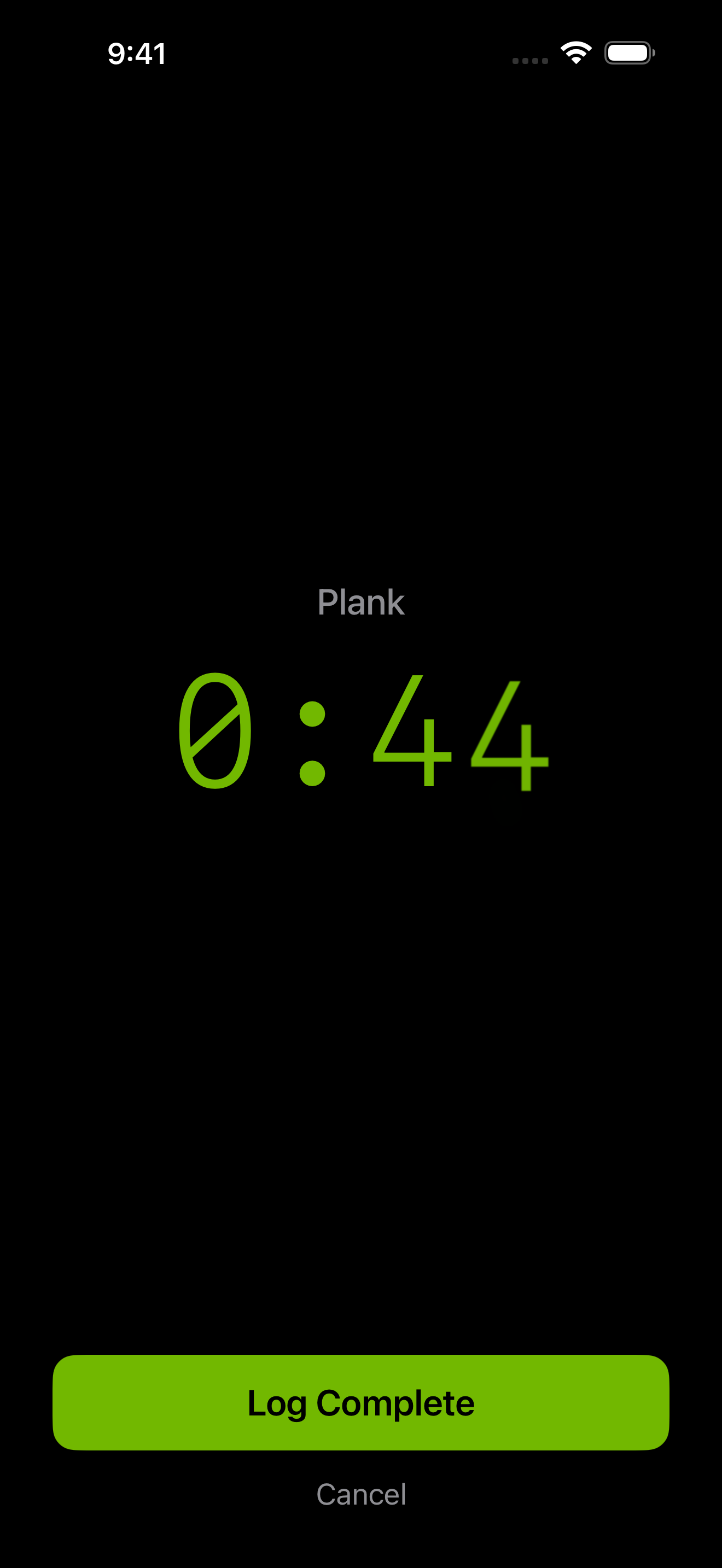 Full-screen countdown timer for duration-based exercises like planks and wall sits