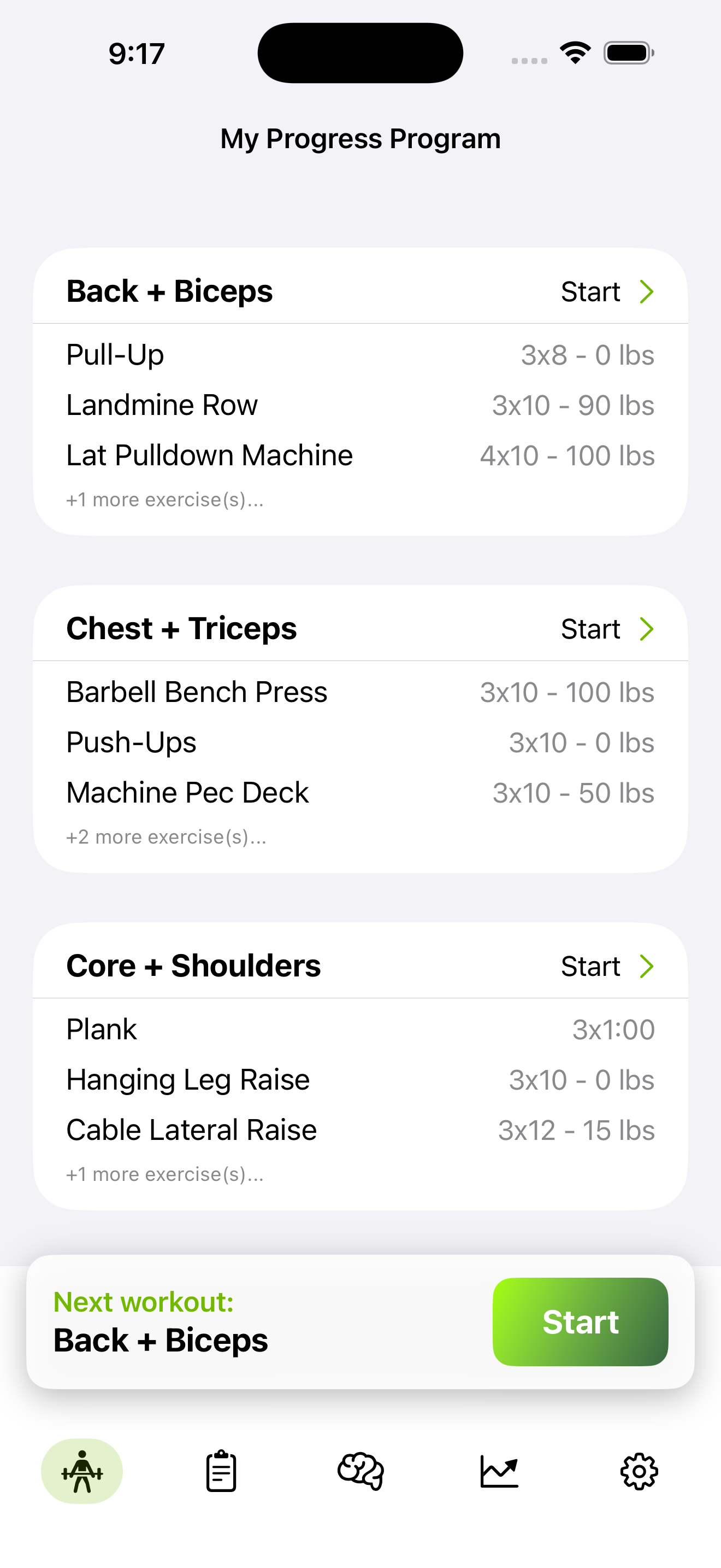 Progress home screen showing your active program and upcoming workouts