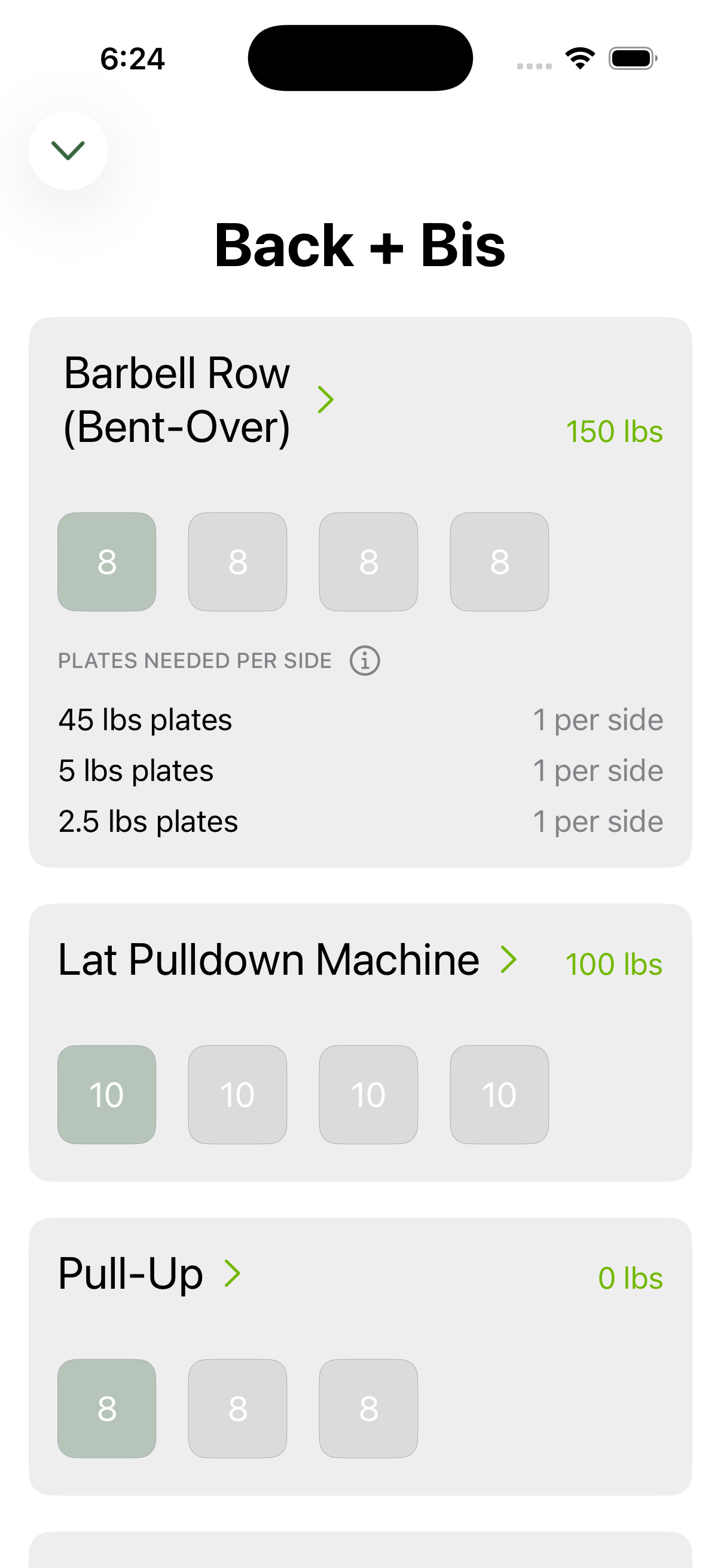 A workout in Progress showing the plates needed per side for a barbell row