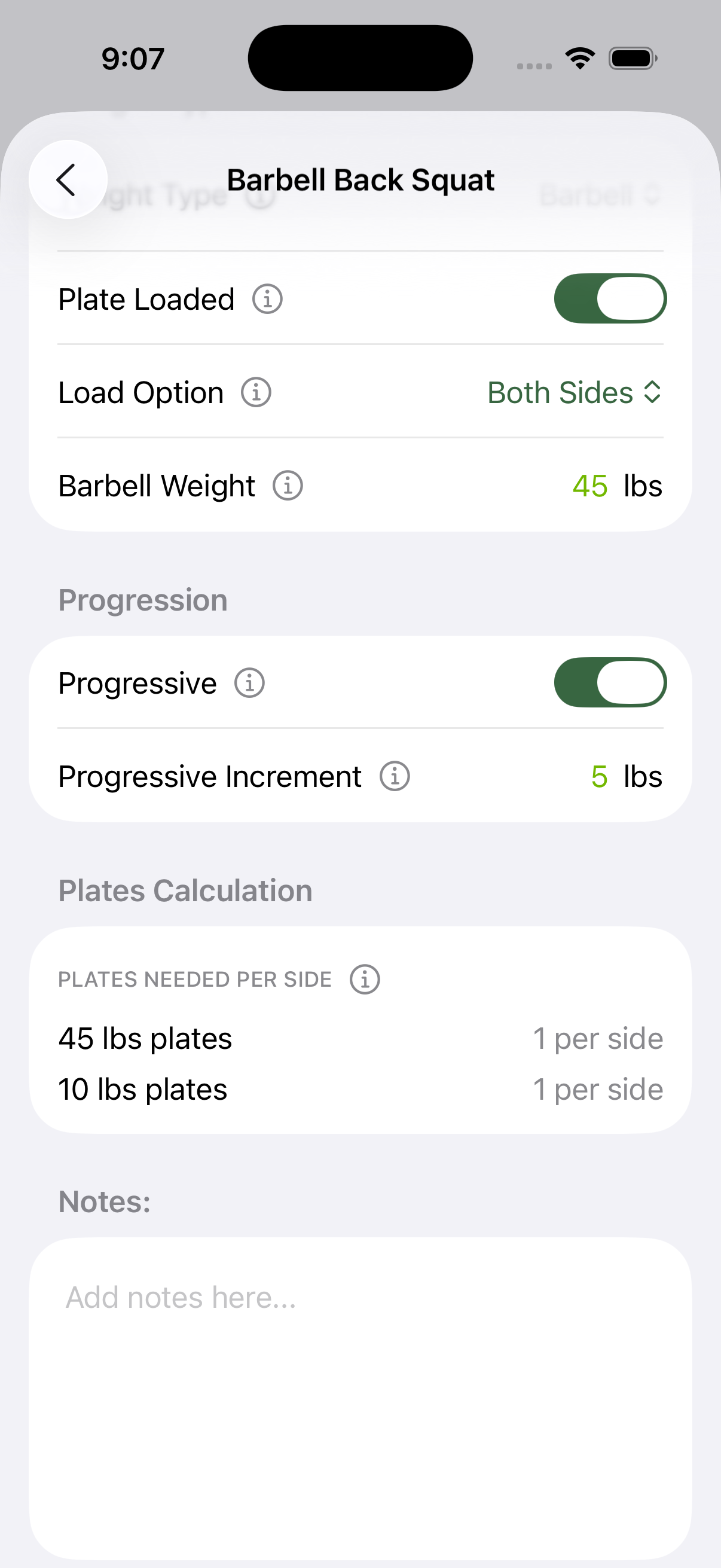 Exercise settings in Progress with progressive overload turned on and a 5 lb increment