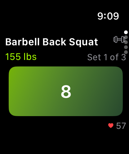 Apple Watch showing exercise with weight, set count, rep target, rest timer, and heart rate