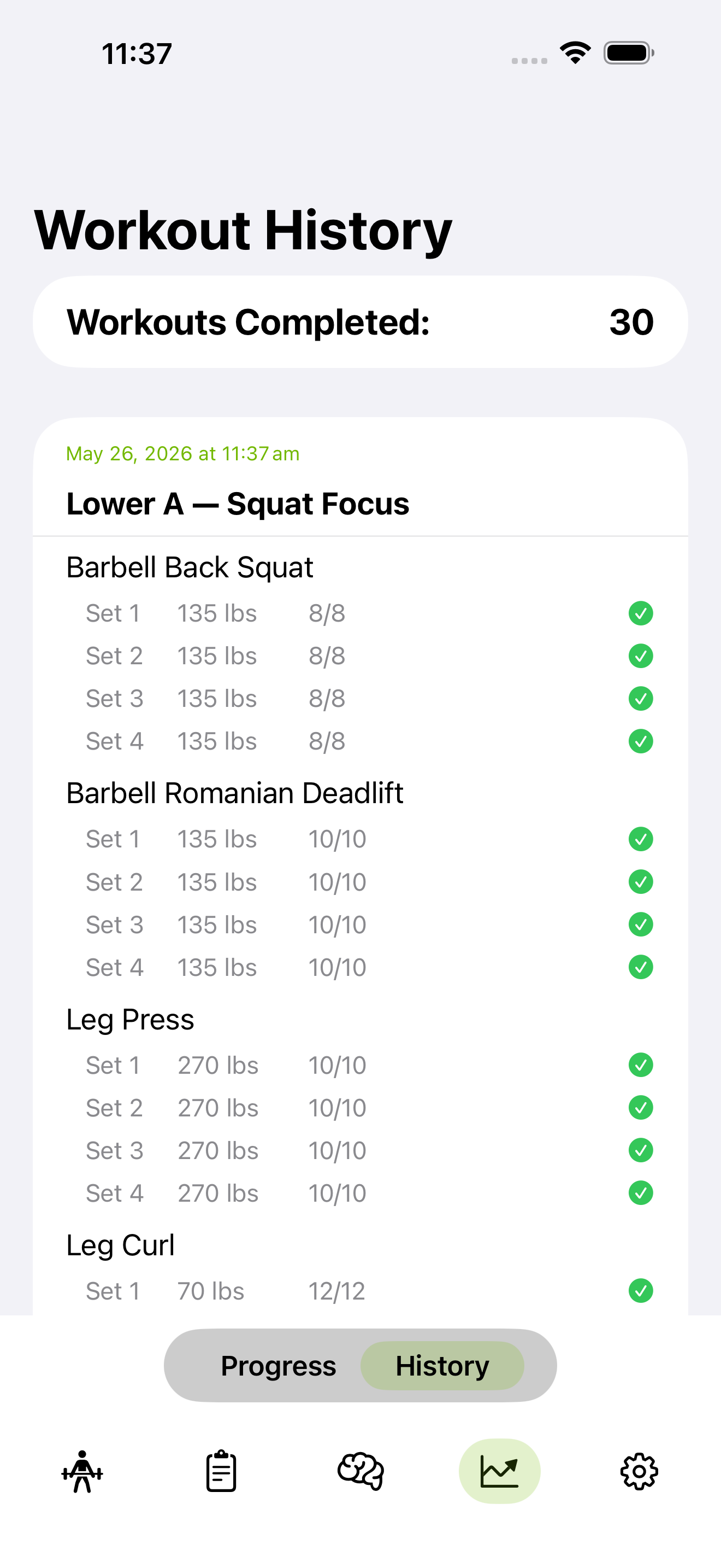 Workout history showing every set, rep, and weight logged